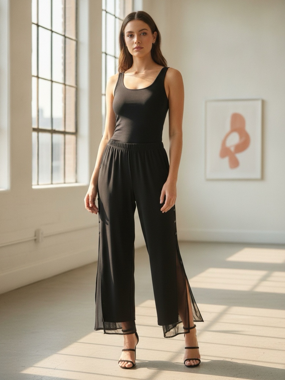 Joseph Ribkoff Black Wide Leg Pull-On Pants Sheer Hem Button side Crop size 14
